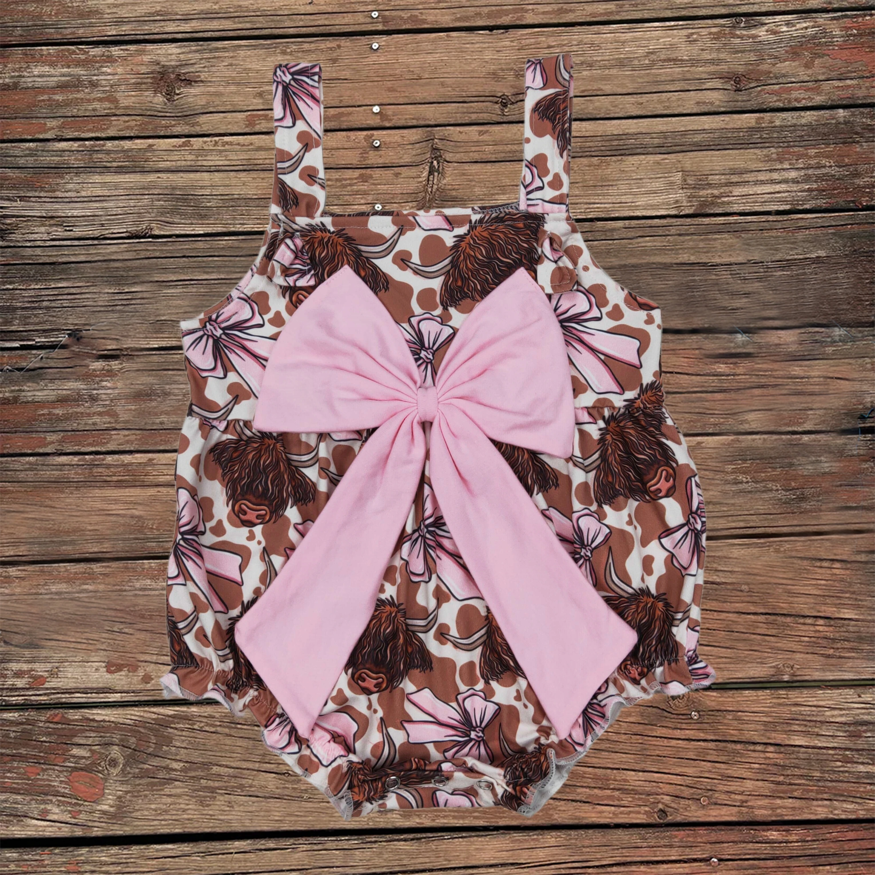 

Wholesale Baby Infant Girls Bow Highland Cow Straps Romper Kids Toddler Newborn Buttons One-piece Summer Children Bubble Clothes