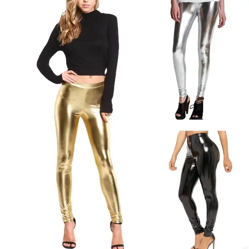 40GC Glitter PU Leather Leggings Metallic fel natte look Skinny broek voor vrouwen