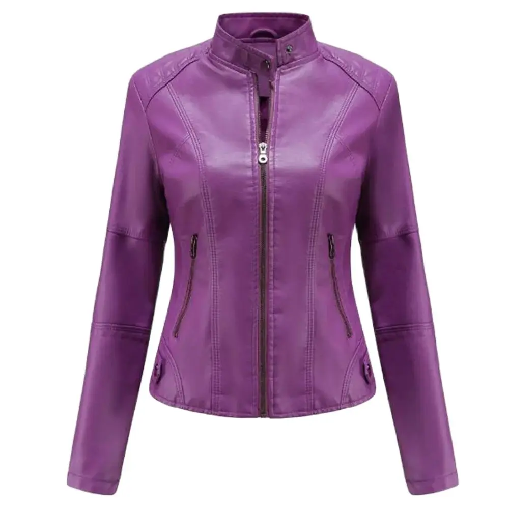 Chaqueta de cuero marrón con cremallera para mujer, abrigo de color rojo, negro, albaricoque, café, otoño y primavera