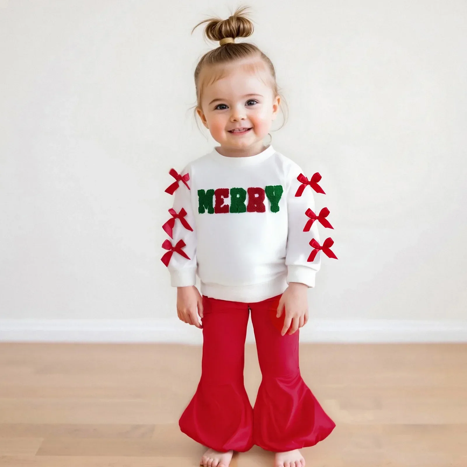

2-6Y Baby Girl Merry Christmas Cotton 2pcs Sets 2025 Baby Clothes Embroidery Bow Long Sleeve Sweatshirt and Flare Pants Outfit