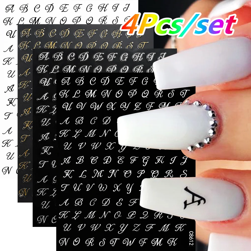 4 Blatt/Set Römischer Buchstabe Nagelaufkleber 3D Laser Gold/Silber/Schwarz/Weiß Buchstaben Nagelaufkleber DIY Altes Alphabet Maniküre Slider NK*4