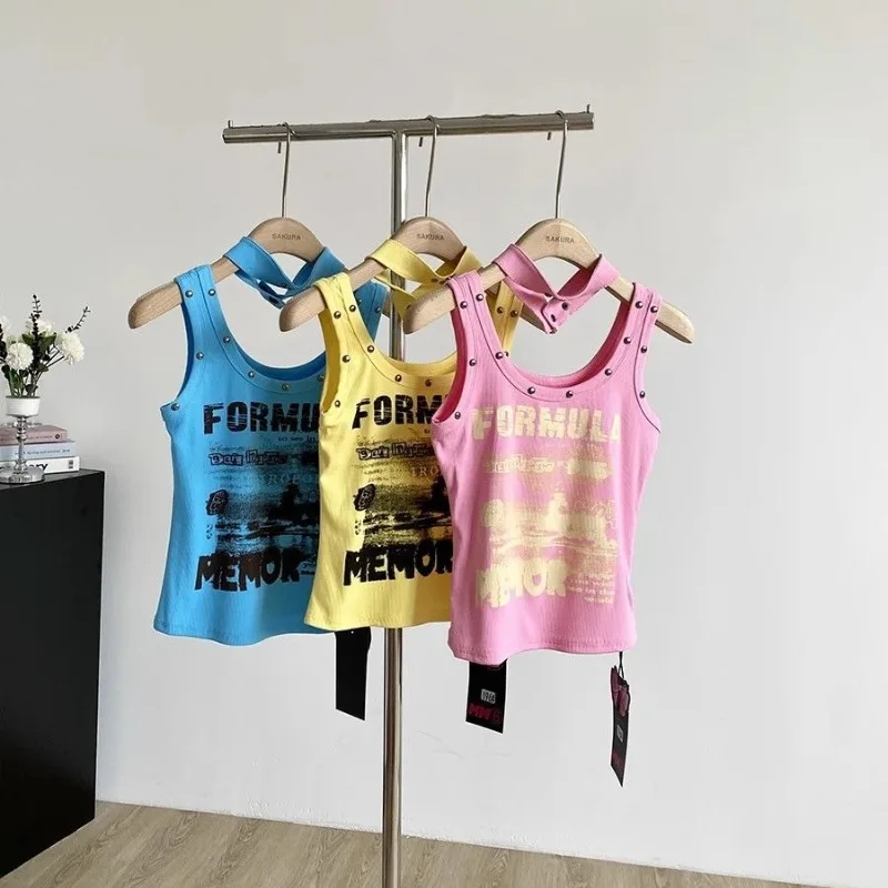 

Fashion Harajuku Heavy Rivet Nail Tank Tops High Street American Letter Print All Match Casual Camisole Y2k Aesthetic Casual Top