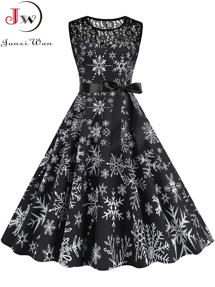 Women Christmas Dress Lace Vintage Sleeveless Black Print Party A Line Santa Claus Sundress For Women