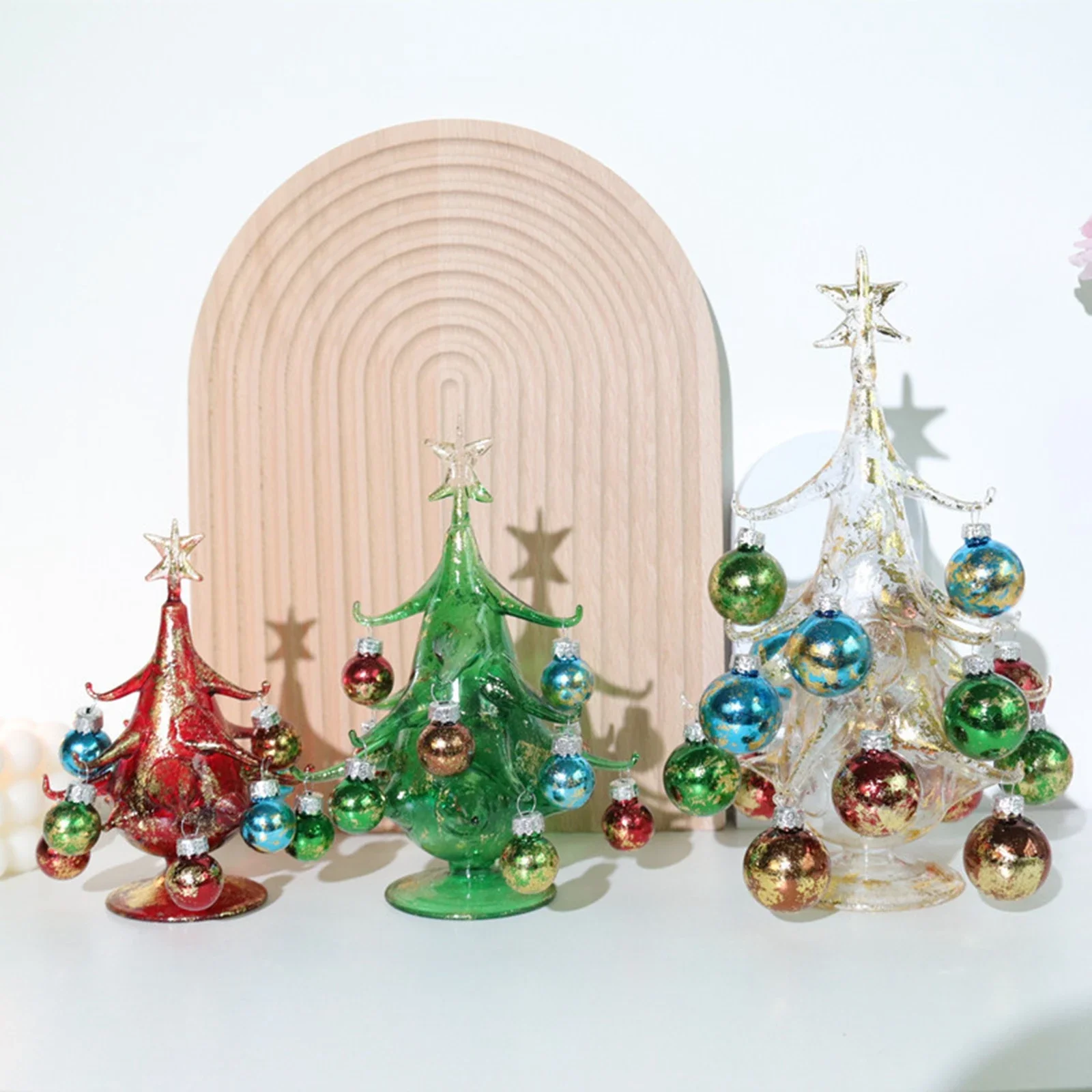 Estatuetas de árvore de natal de vidro artesanal, ornamentos de bola, mesa em miniatura, árvore de natal, decoração de mesa, escultura, lembrança