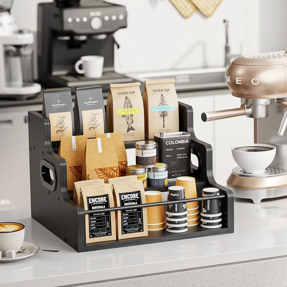 3-Tier Countertop Liquor Wine Rack, Black Wooden Shelf Organizer for Spirits and Beverages