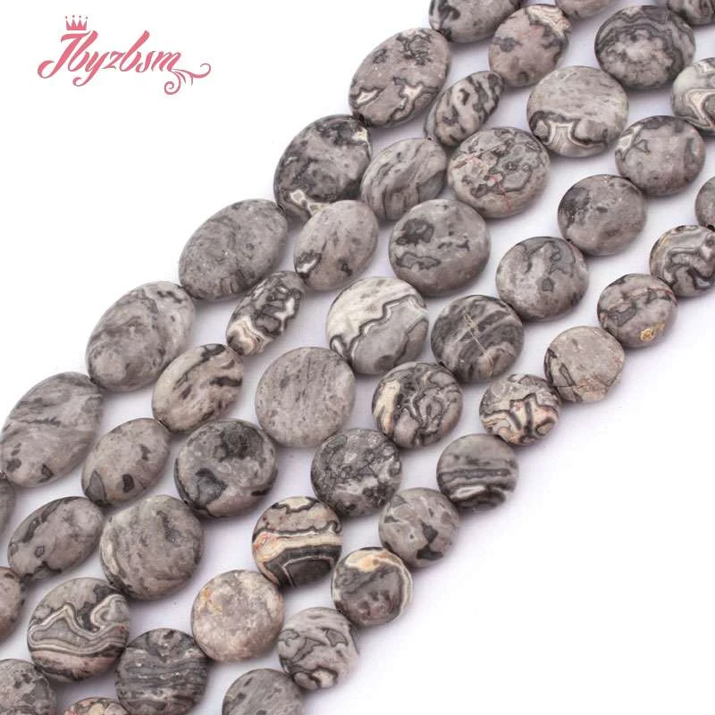 Natural Gray Map Jasper Coin Oval Beads Loose Natural Stone Beads For DIY Jewelry Making Necklace Bracelet Strand 15\