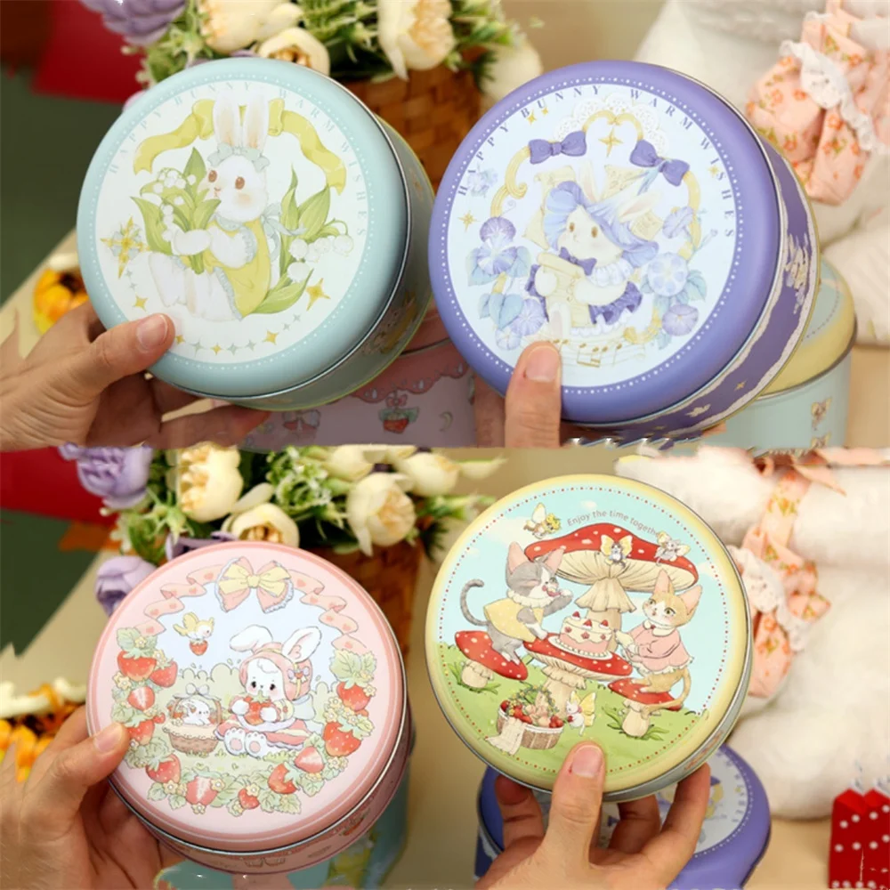 Cartoon Rabbit Storage Box Empty Iron Box Large Round Tin Box for Candy Baking Cookies Packaging Kitchen Storage Container