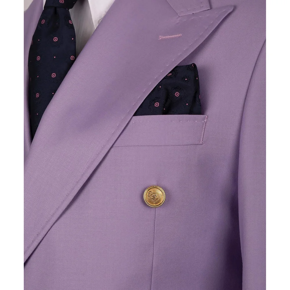 Elegant Purple Men Suits Double Breasted Peak Lapel Male Clothing Luxury Wedding Groom 2 Piece Jacket Pants Sets Full Set Terno