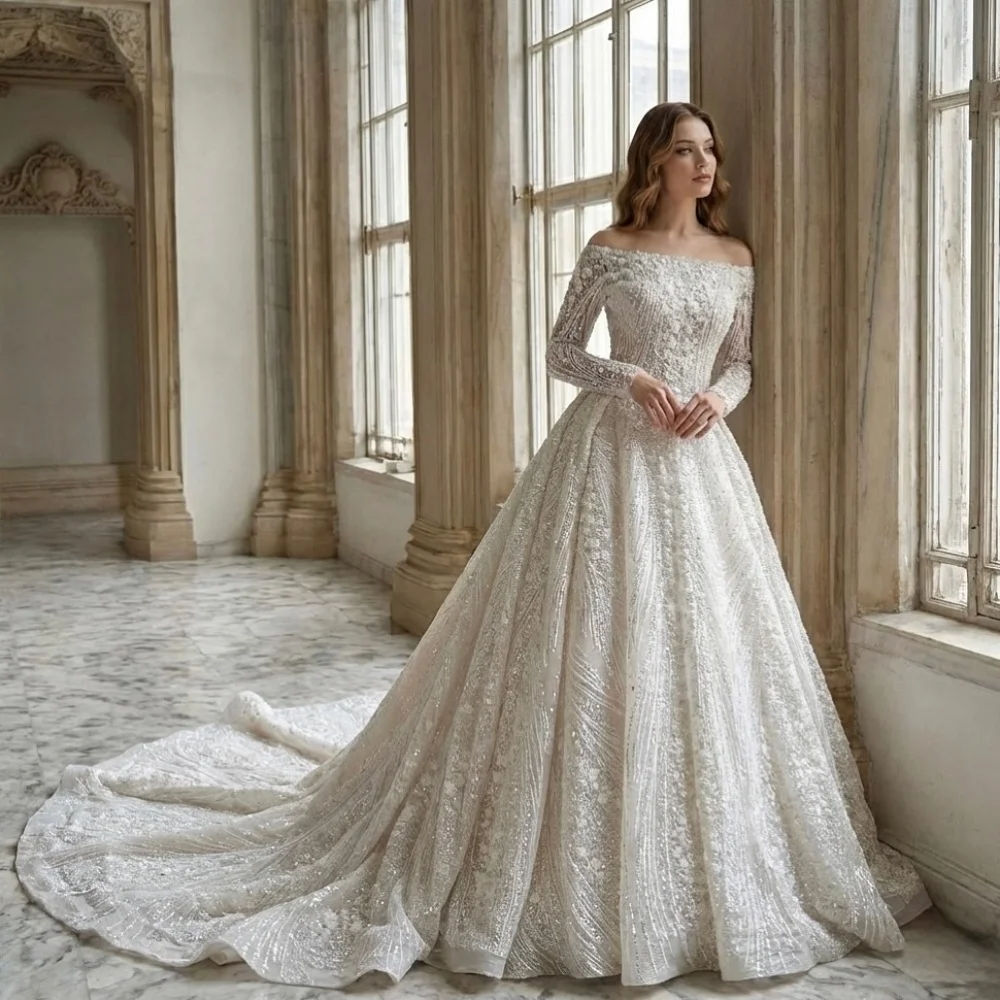 Custom Luxury Square Neck Long Sleeve Beaded Ball Gown Wedding Dress 2026 Cathedral Train Bridal Gown Plus Size Vestido De Novia view 2