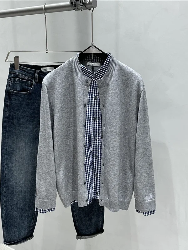 

Осень 2024, мужской клетчатый вязаный свитер, дэт, свободный американский повседневный свитер из двух предметов, открытый кардиган, свитер