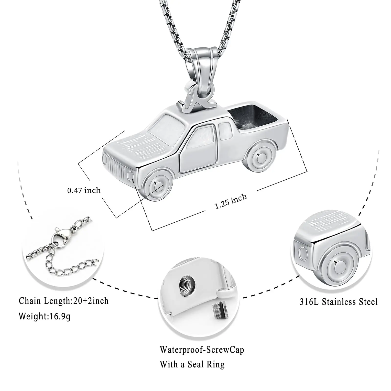 Pickup Trucks Urn Necklace for Ashes Stainless Steel Car Pendant Cremation Jewelry Keepsake Funeral Memorial Gift for Men Women