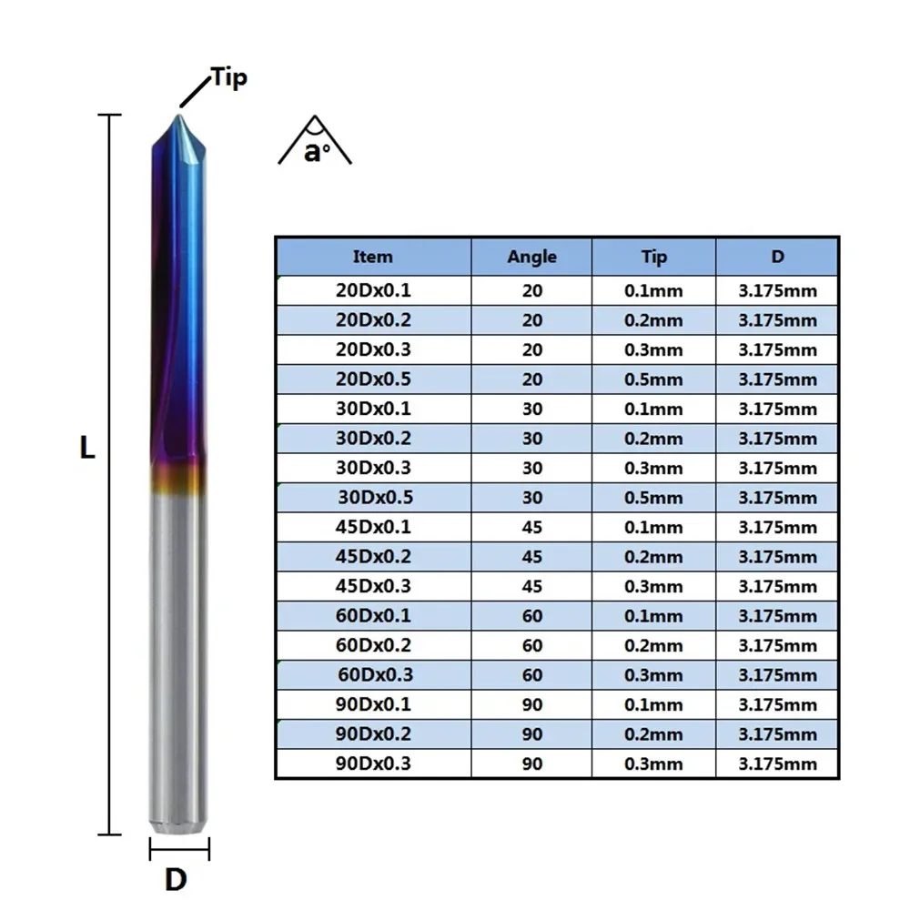 10pcs 3.175mm blue nano coated cnc rod v shape engraing bit 2 straight flute   for wood 20 30 45 60 90 degrees