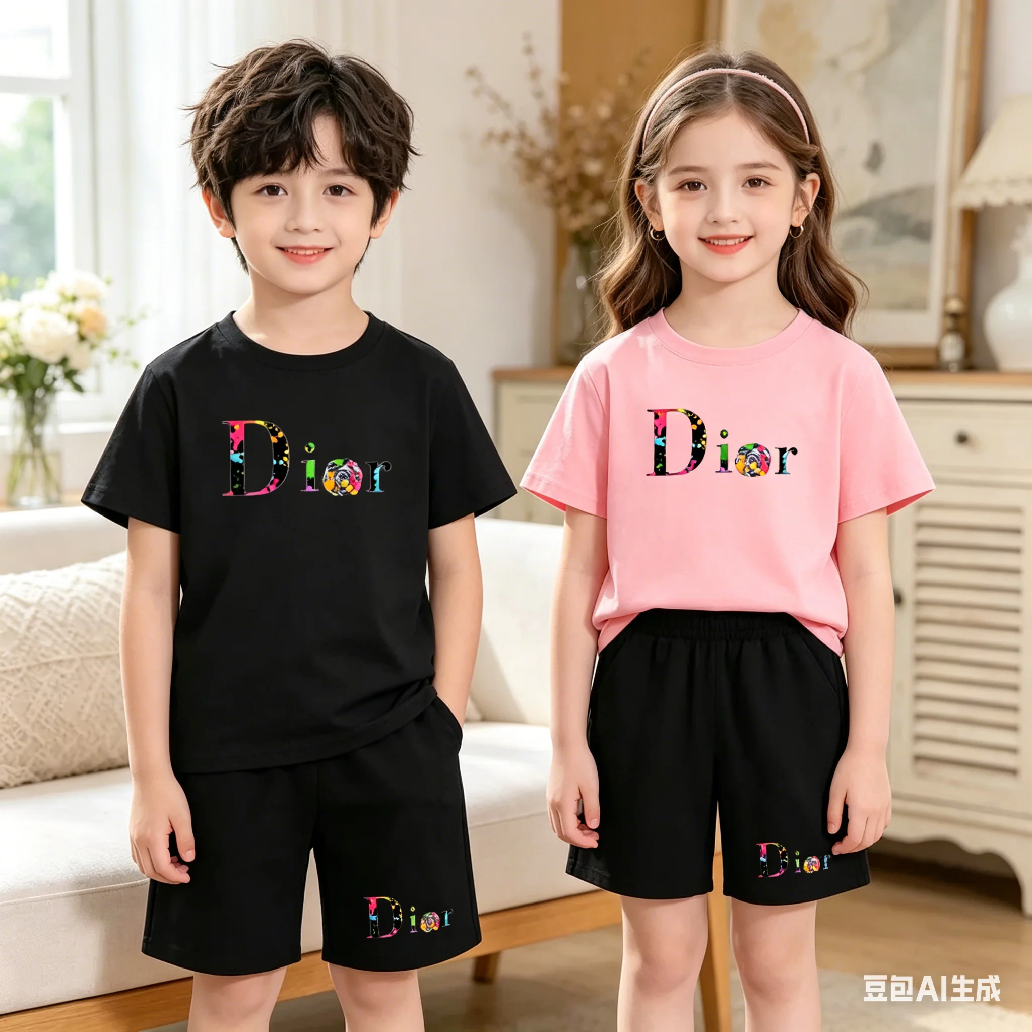 

Boy Girl Colorful Letters T Shirt Summer3-12 Age New Model Short Sleeve+Shorts Comfortable Breathable Children Sportswear 2Piece