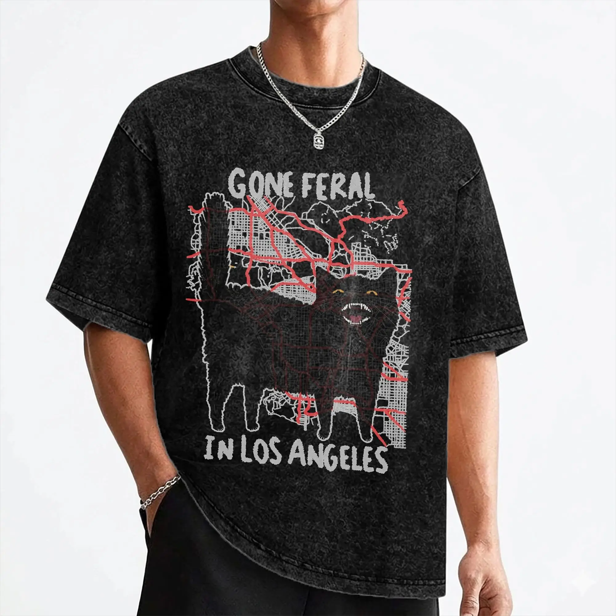 Gone Feral In Los Angeles Washed T Shirt Streetwear Hip Hop T-Shirts Black Cat Tee Shirt Men Women 100% Cotton Oversize Summer