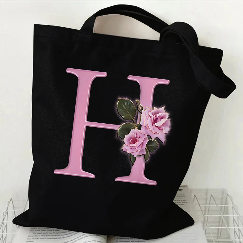 A-Z 26 Letter Pink Roses Printed Canvas Tote Bags for Women Shopper Handbags Environmental Reusable Shoulder Bag Hand Bag