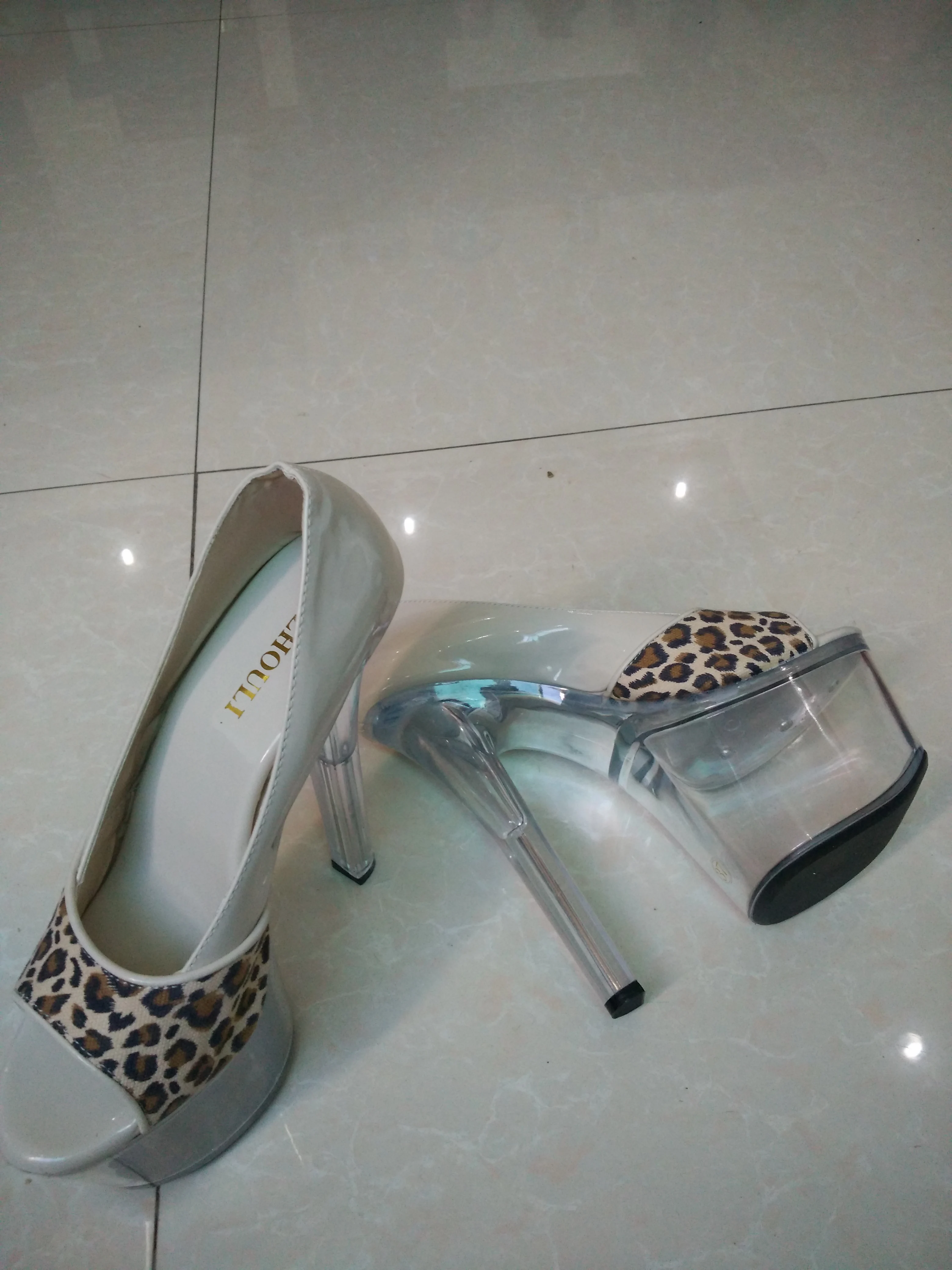 Sexy leopard print material high heels, thick sole 17cm thin heels long strip crystal head waterproof platform,dance shoes