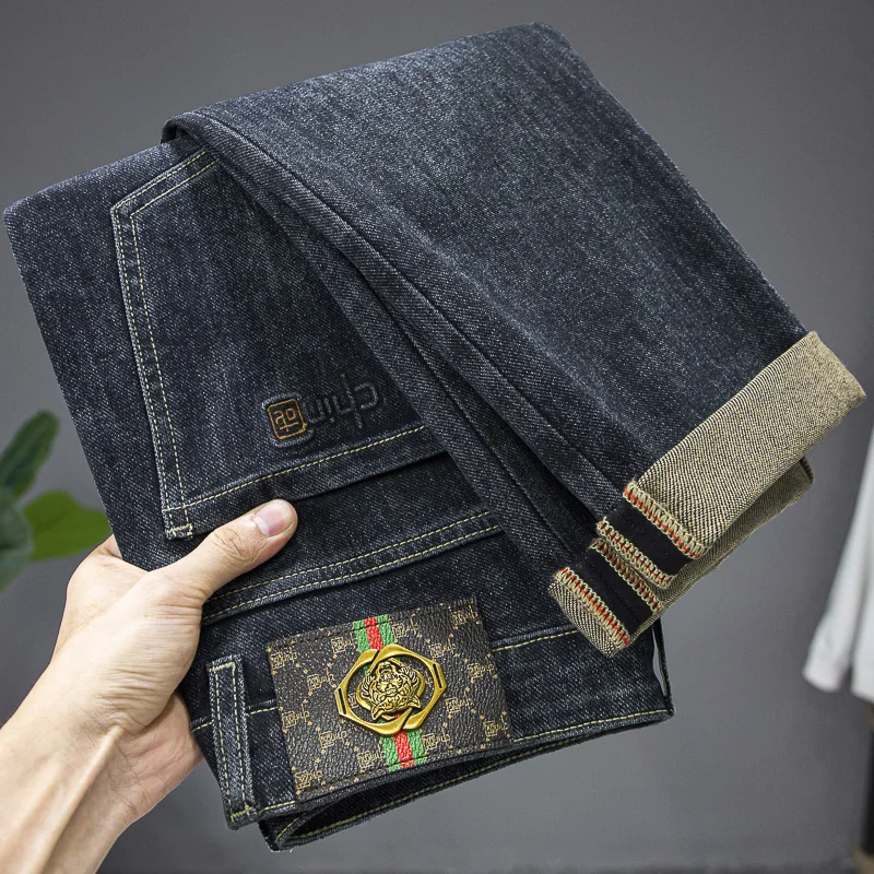 

Fashion Jeans Men's Street Chinese Style Embroidery Embossing High-End Affordable Luxury Slim Straight Casual Trousers