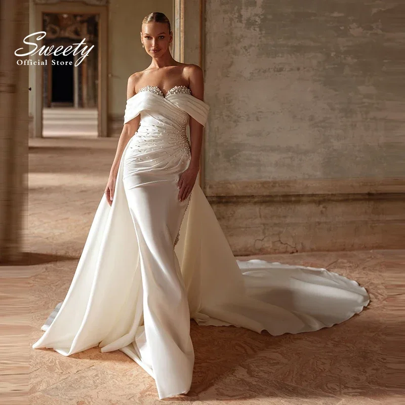 Abito da sposa a sirena staccabile 2 in 1 in taffettà con perline Abito da ballo in pizzo con scollo a barca senza maniche con cerniera da sposa Robe MariéE in raso