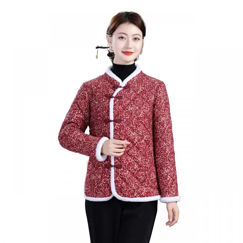 

Vintage Floral Print Jacket Women Winter New Cheongsam Tops Female Cotton-padded Clothes Warm Coat Ladies