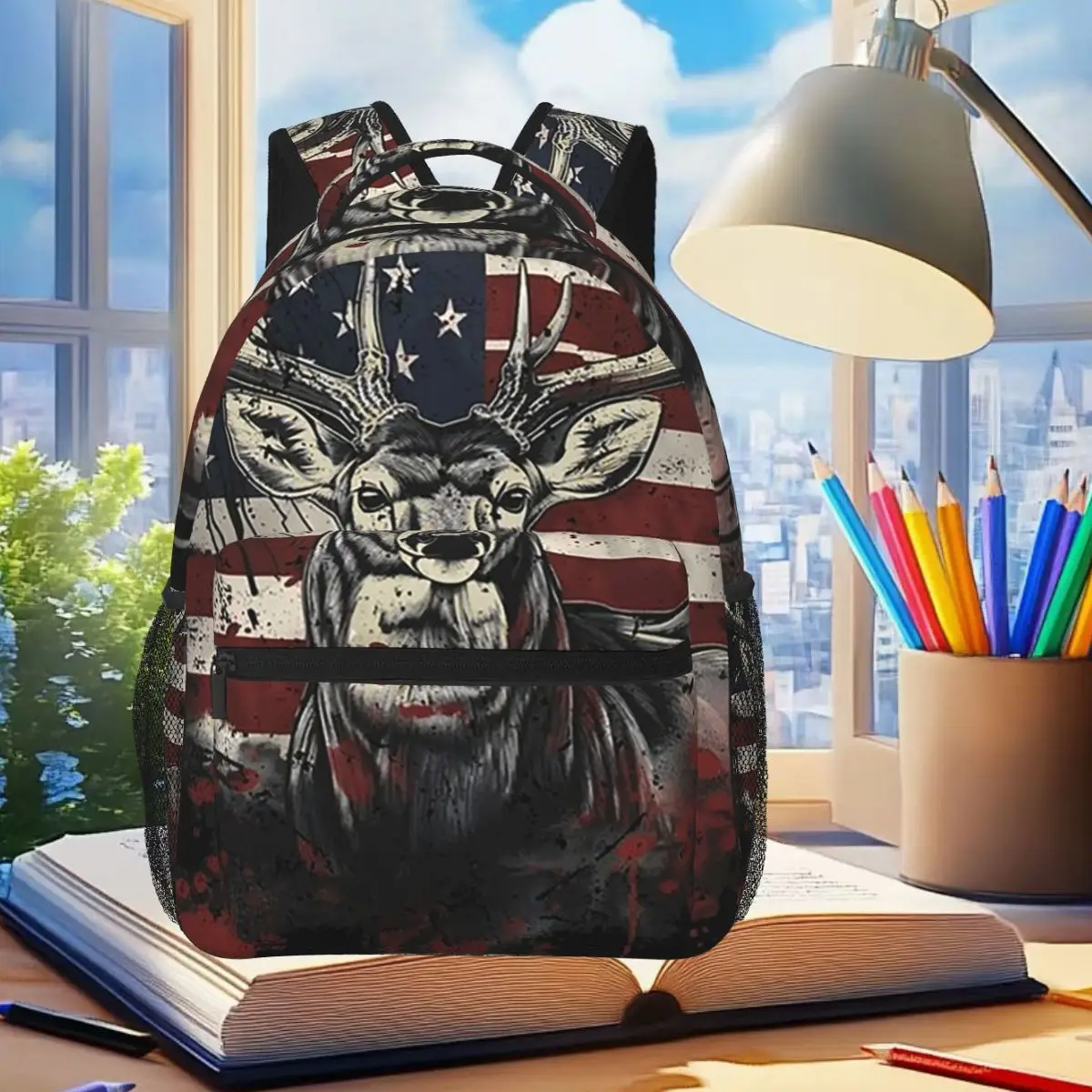 

Camo With American Flag And Deer Hunting Backpack Student Boys Girls BookBag Kids School Bag Laptop Shoulder Bags for Men Women