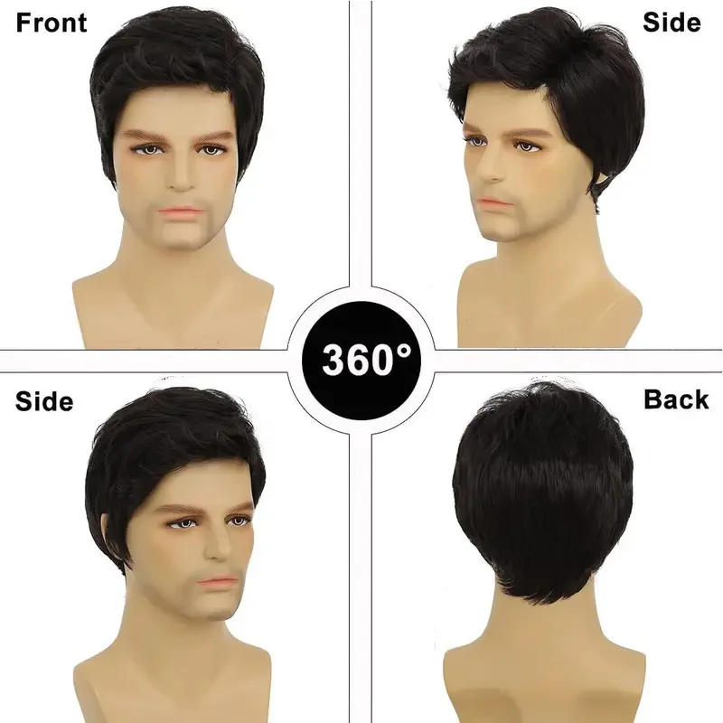 

Wig Black Wigs For Men Short Side Part Natural Layered Fluffy Synthetic Mens Wig For Daily Party Halloween Cosplay With Wig Cap