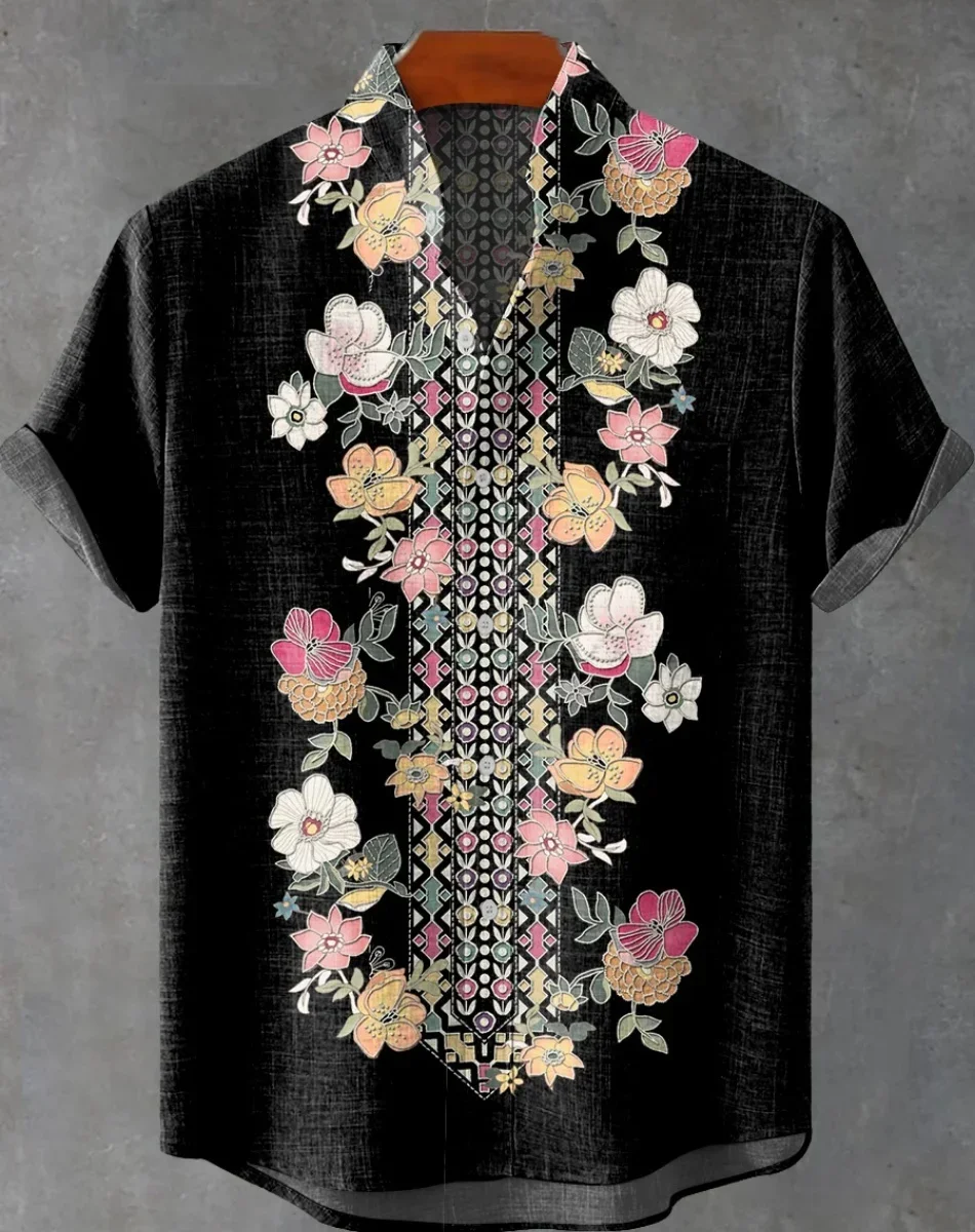 Fashionable men's Hawaiian shirt with ethnic print pattern short sleeved shirt top, beach vacation casual wear hot selling item - Image 3