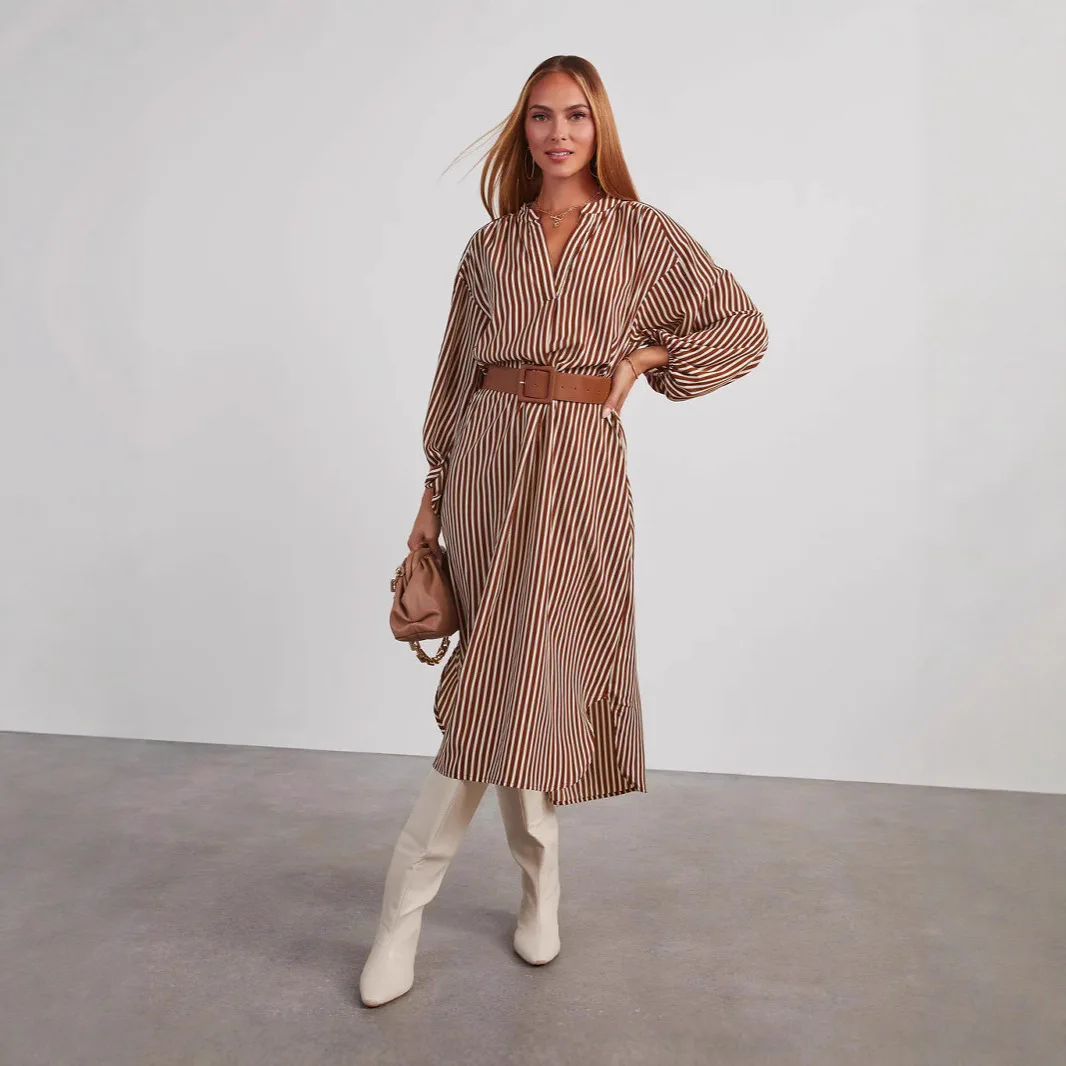 Run! And Autumn. New Lady Cloth Fashionable Strip Bated Long Sleeve V-neck Mid-length Clothes Femme Beach Y2k、 Sexy