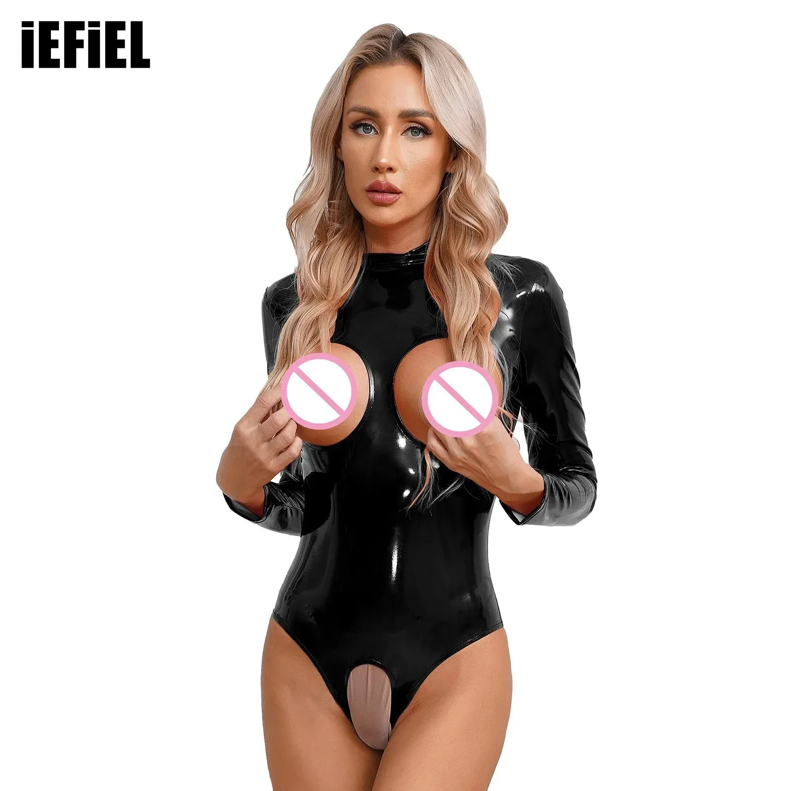 Womens Zipper Back Crotchless Bodysuit Cutout Chest Patent Leather Catsuit Invisible Wet Look Mock Neck Long Sleeve Leotard