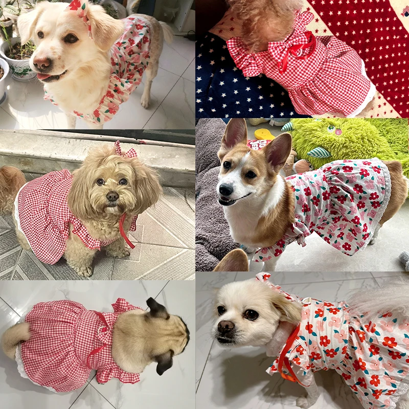 Summer Dog Dress Cute Flower Pattern Plaid Skirts Cat Princess Dresses Chihuahua Yorkie Sweet Skirts Puppy Clothes Pet Costume