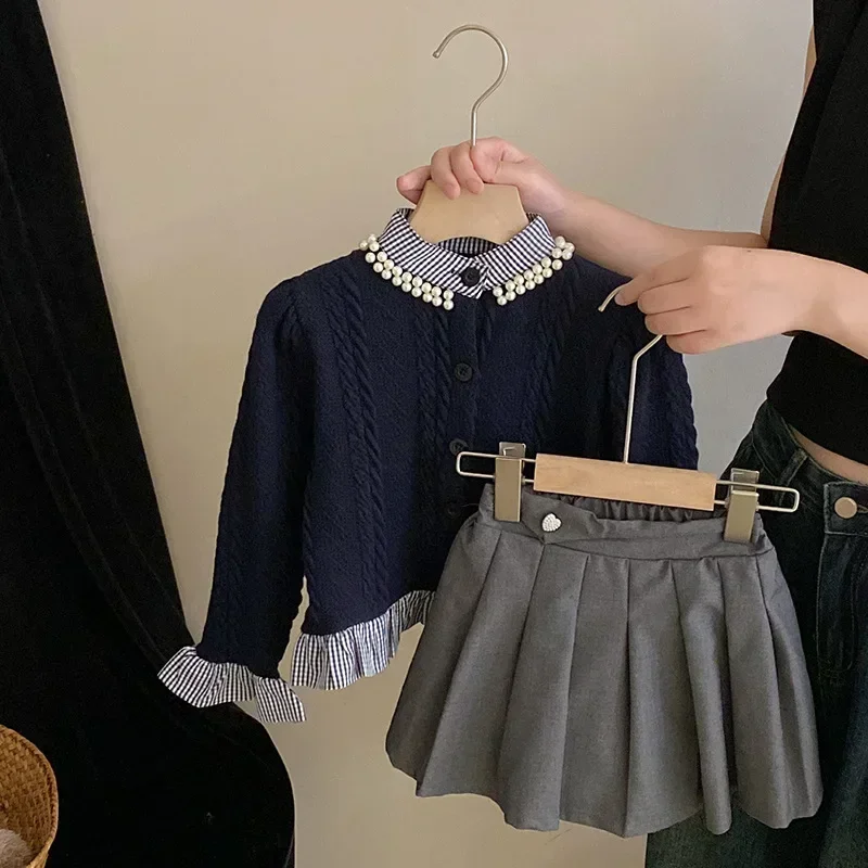 

Children Clothing Set Girls Autumn Cardigan Sweater Set 2024 New Fashionable Top and Skirt Princess Sweet Two Piece Set