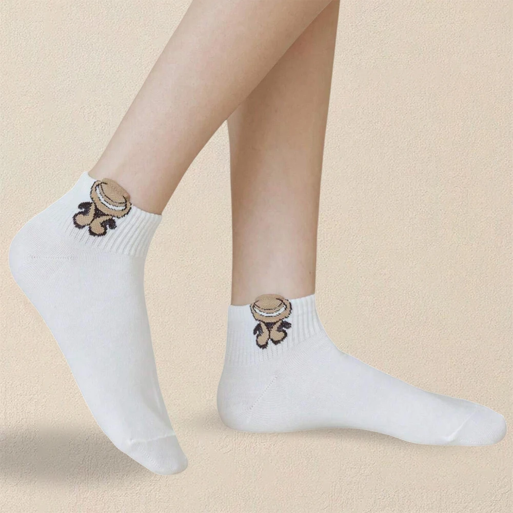 5 Pairs Women Cartoon Teddy Bear Patterned Ankle Socks Versatile Fashionable Creative Breathable Socks Comfortable Casual Socks