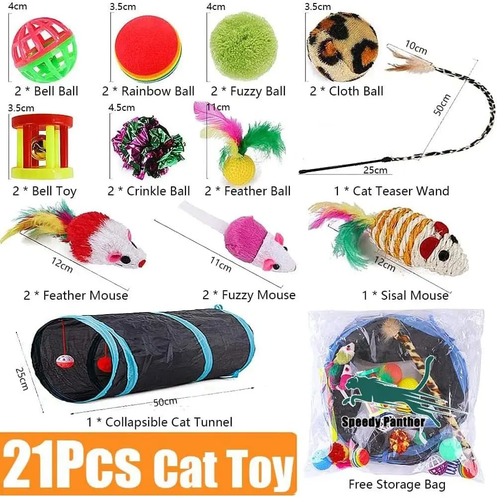 21 Pcs Cat Toys Indoor Collapsible Cat Tunnel Interactive Feather Teaser Wand Ball Toy Kitten Cats