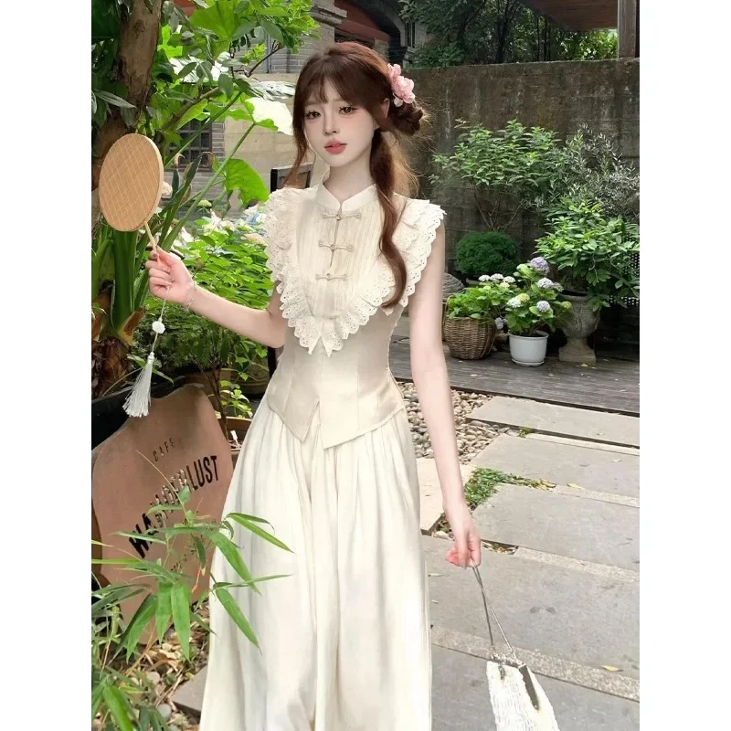 Traditional Chinese White Stand Collar Pan Button Lace Spliced Sleeveless Cheongsam Dress 2pcs Women Elegant Tea Party Dresses