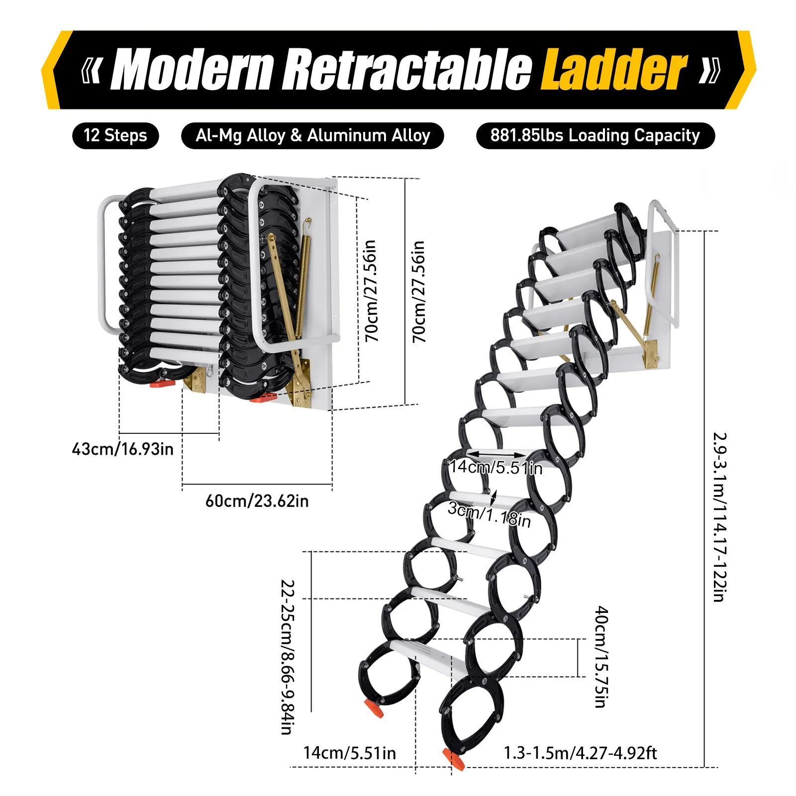 سلم أبيض قابل للطي مكون من 12 خطوة، سلالم علوية مثبتة على الحائط مع آلية منسدلة #4
