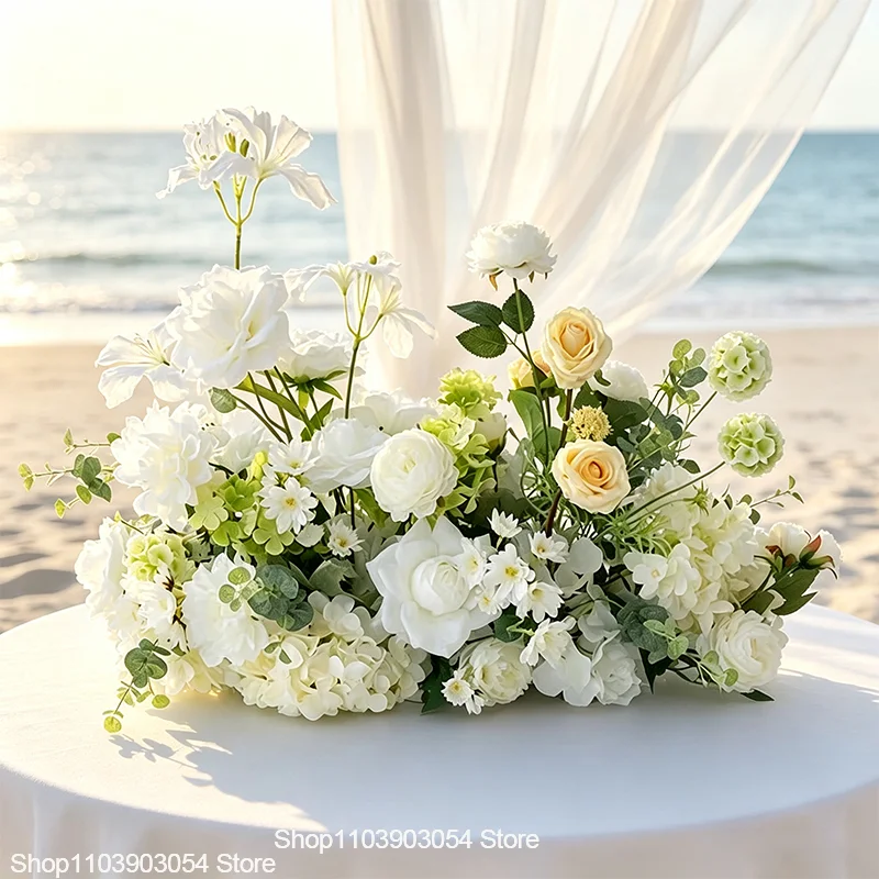 Grüne Pflanzen, Rosen, Hortensien, Künstliche Blumenreihe, Luxuriöse Hochzeitstisch-Mittelstücke, Blumen-Hintergrund-Dekoration, Party-Bühnen-Blumendekoration – Detail 6