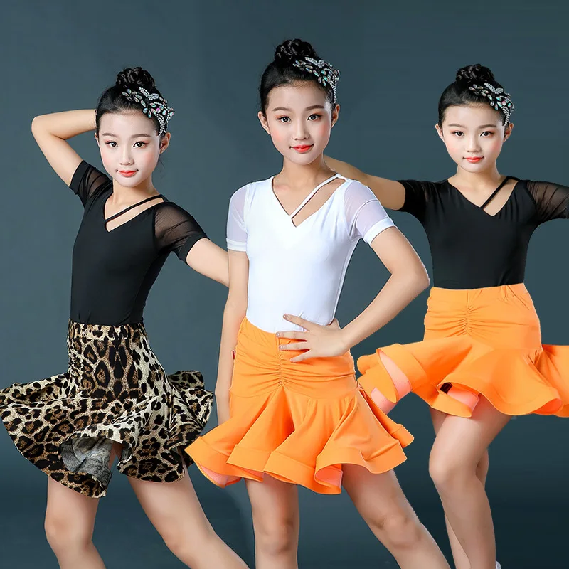 

New Latin Dance Costume Children's Summer Short-sleeved Suit Girls Suspender Skirt Costume