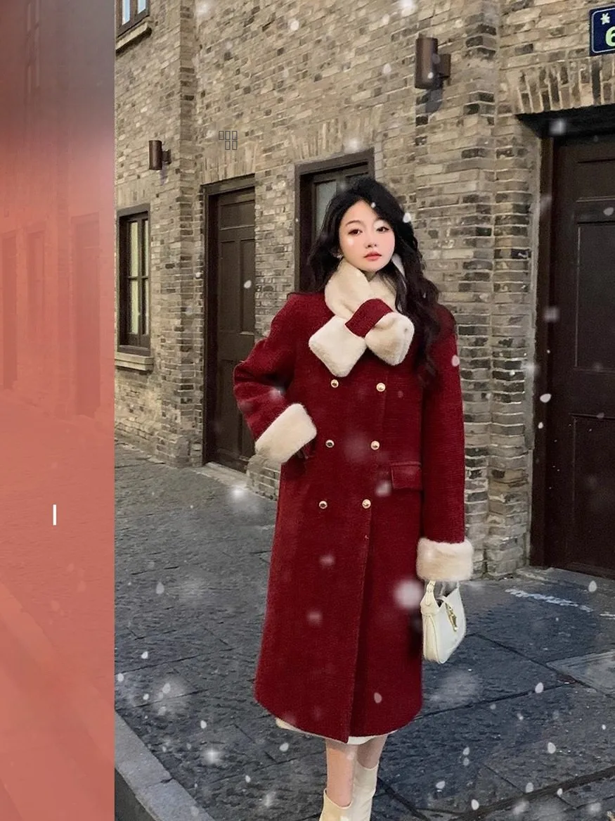 

Loose Long Double-Breasted Fce Lined Woolen Quilted Coat for Women Winter Outerwear Comfortable Fit High Waist Design