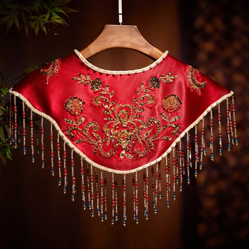 Women's Spring Autumn Vintage Beaded Flower Embrodiery Wine Red Tassel Pashmina Female Winter Shawl Cloak Collar R2290