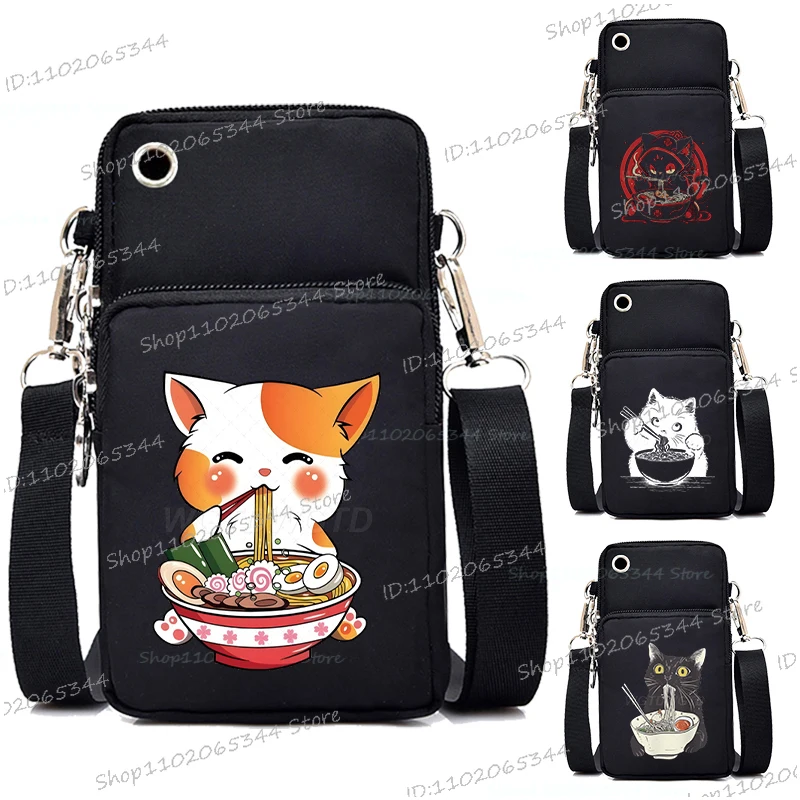 Funny Ramen Noodles Cat Women Men Small Crossbody Bag Anime Kitten Mini Mobile Phone Bag Cartoon Ramen Cats Purses and Handbags