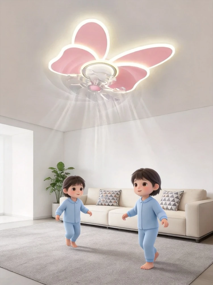 220V Nordic Cute Bow Kids Fan Light Silent Shaking Head LED Ceiling Fan Lamp For Girls Bedroom