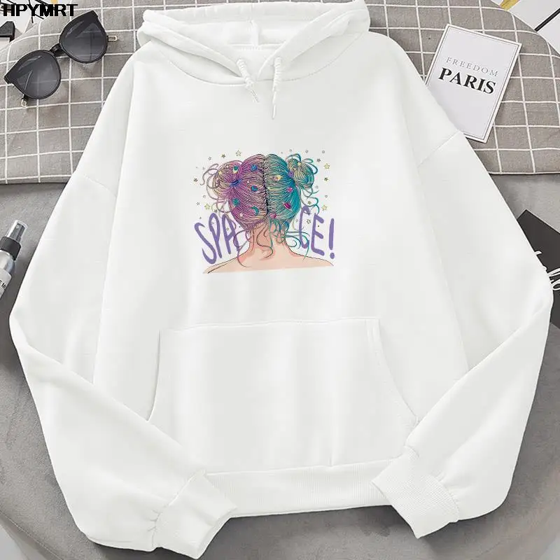 Women Cartoon graphics pocket Hooded Tops feather printed spring and autumn Casual comfortable Breathable Hipster Sweatshirts