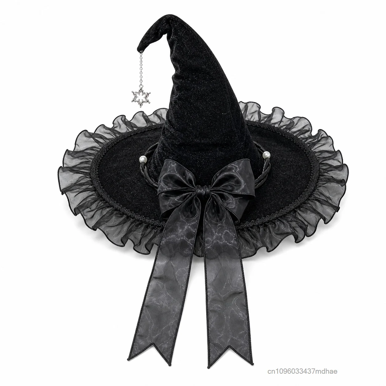 Women Gothic Witch Hat Black Pointed Wizard Cap Purple Lace Trim Star Pendant Halloween Party Cosplay Lolita Costume Props 4