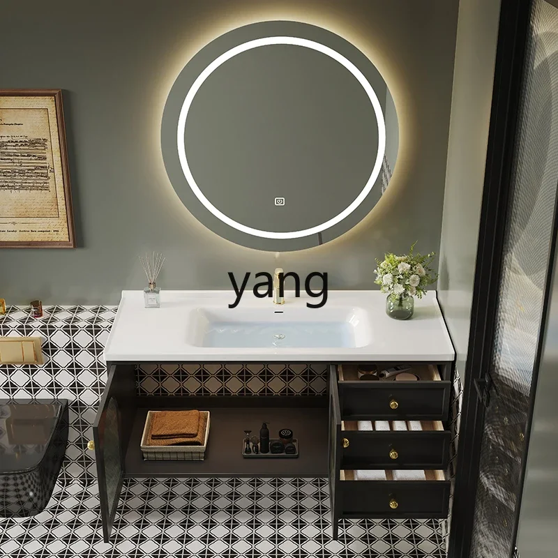 

LH French retro bathroom cabinet combination rock slab seamless basin toilet ceramic integrated washbasin oak washbasin cabinet