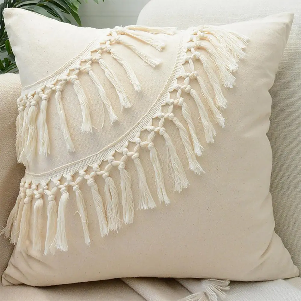 Tassel Pillowcase with Hidden Zipper Fringe Decor Square Bohemian Style Couch Decoration Throw Pillow Cover Car Seat Pillow Sham