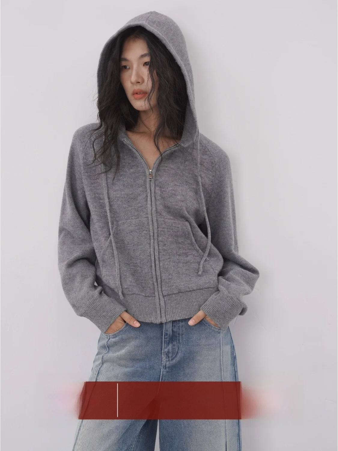 

EIGHTHMONTH ey Hooded Zipper ort Knitted Jaet Women Casual Slimming Simple Basic Sle Top Warmth Commute Sle Long Sl...