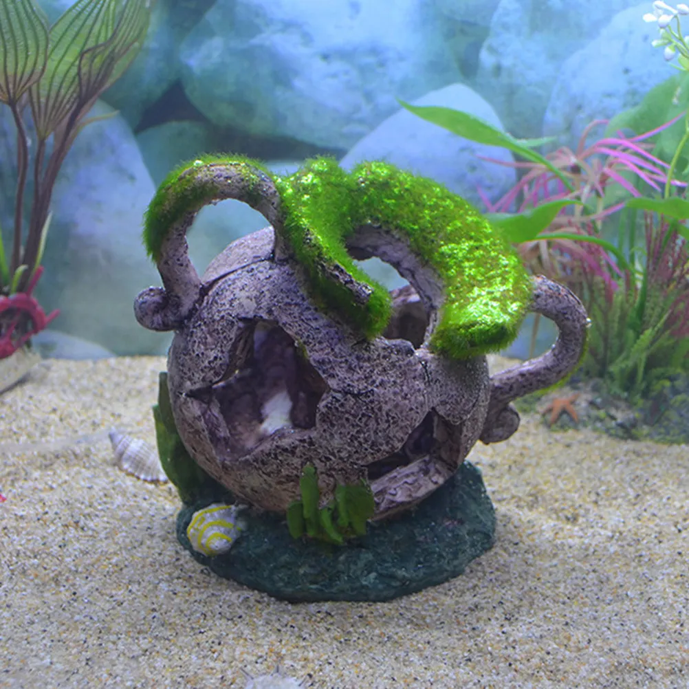 1Pcs Mossy Jar Landscape Decoration Simulated Moss Hiding Pot Fish Shrimp Shelter Aquarium Resin Fish Tank Ornament Landscaping