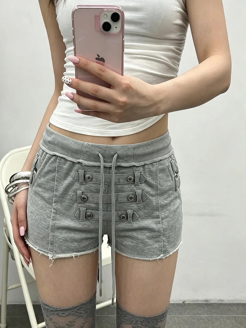 Gothic Raw Edge Sweat Shorts For Women Multi Front Button Strap Drawstring Waist Back Cursive Embroidery Y2K Streetwear Bottoms