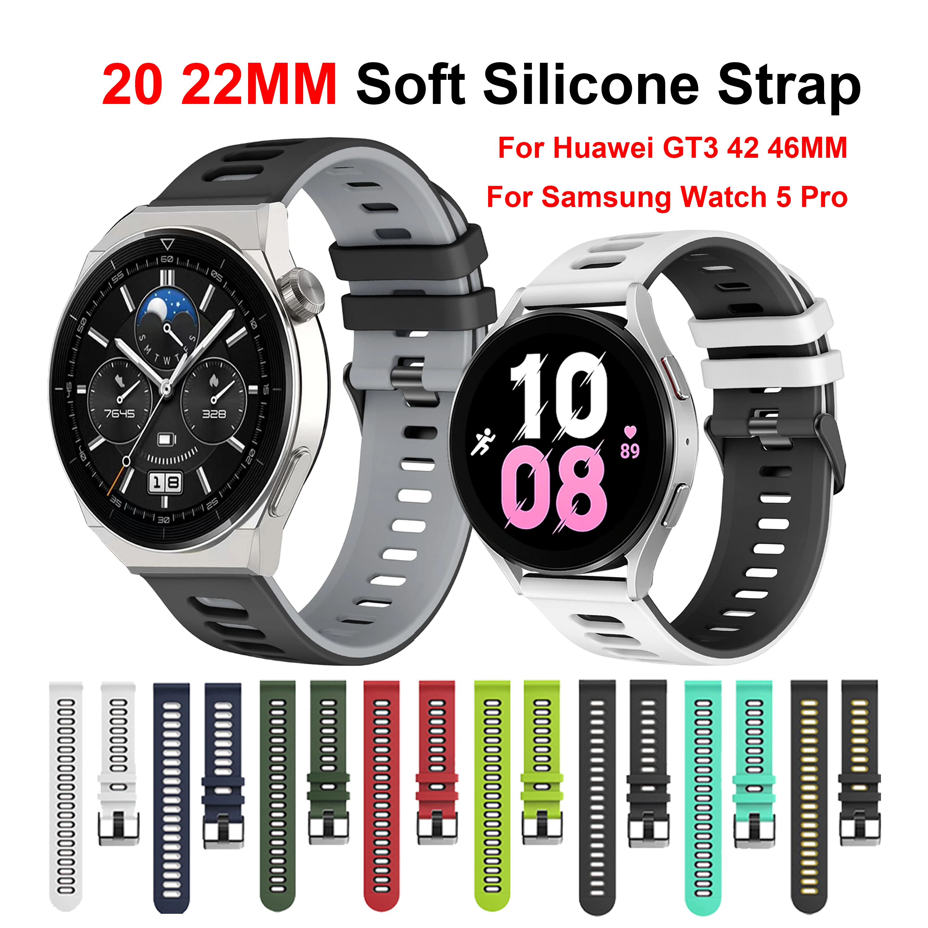 

22 20MM Soft Silicone Strap for Huawei GT2 GT3 Pro 42 46MM Watch Band Watch Wrist for Samsung Galaxy Watch 4 5 Pro 45mm Bracelet