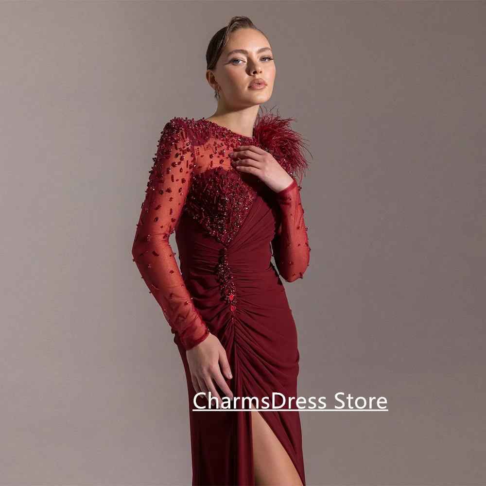 فستان حفلة موسيقية عنابي مخصص بأكمام طويلة مطرز بالترتر من الشيفون فساتين سهرة بطيات من الريش المقسم #3