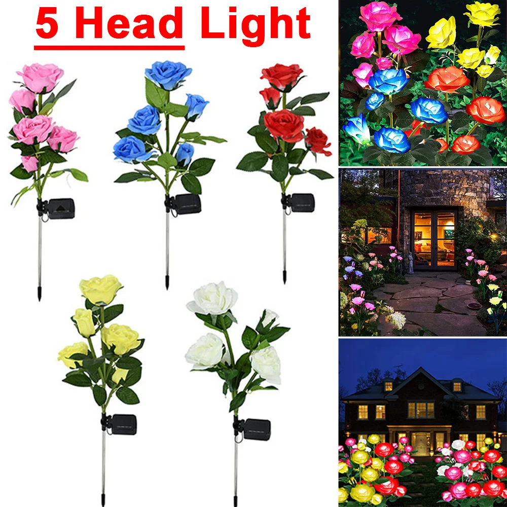 

5 Heads Solar Light Rose Flower Outdoor Lawn Lamp Waterproof Solar Garden Lamp for Yard Patio Decoration